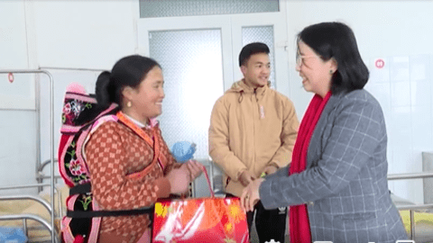 Đồng chí  Lý Thị Na - Quyền Chủ tịch UBND huyện tặng quà tết bệnh nhân